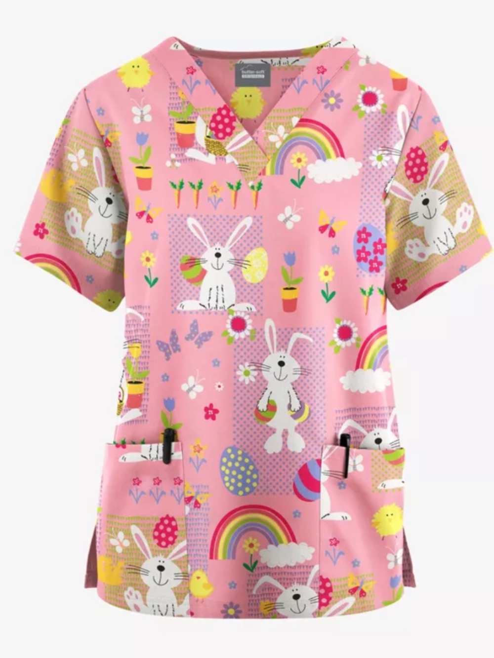 Butter-Soft Originals Easter Time Blush Women's 2- Pocket V-Neck Print Scrub Top